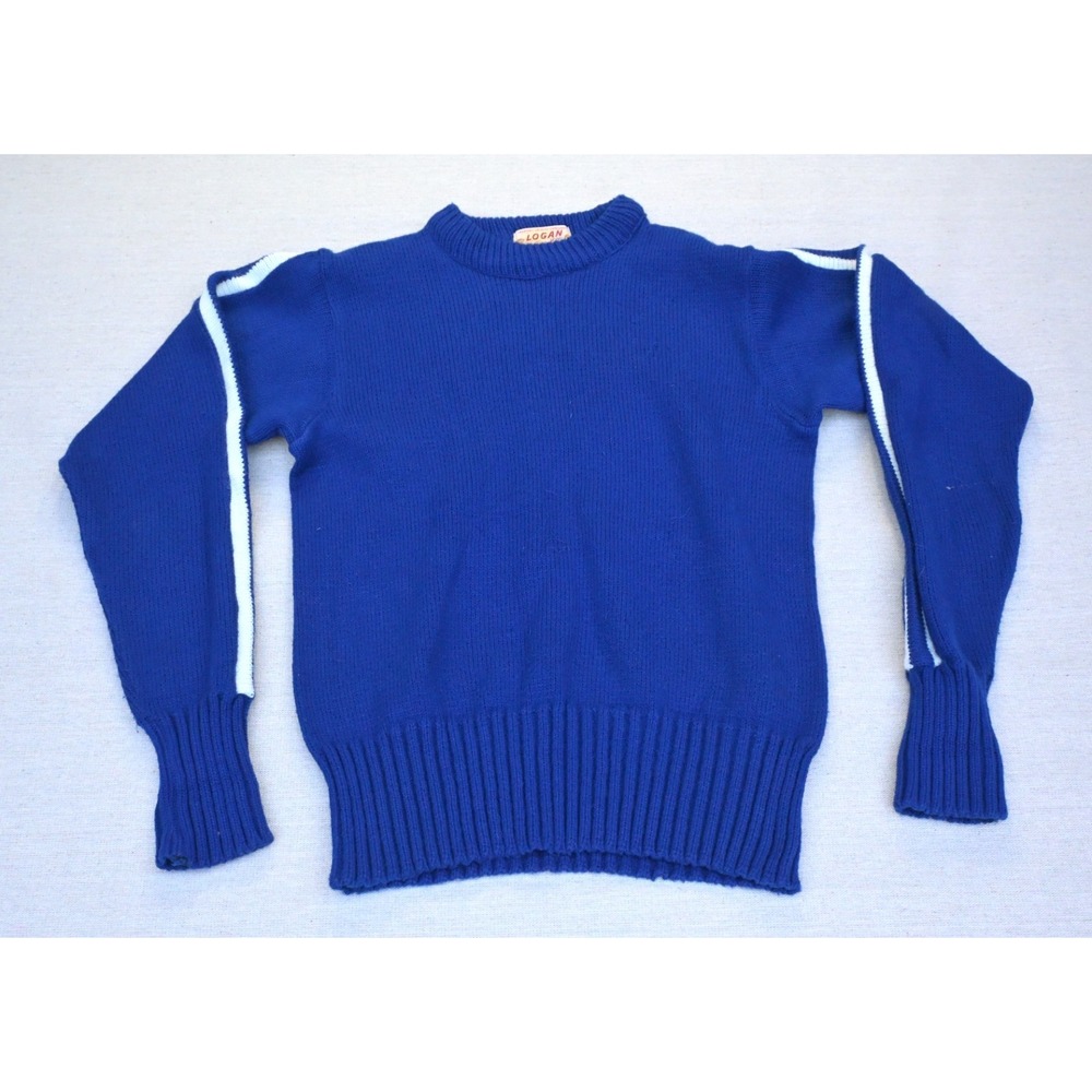 Vintage Logan Knitting Mills Varsity Sweater Blue White Sleeve Stripe Crewneck